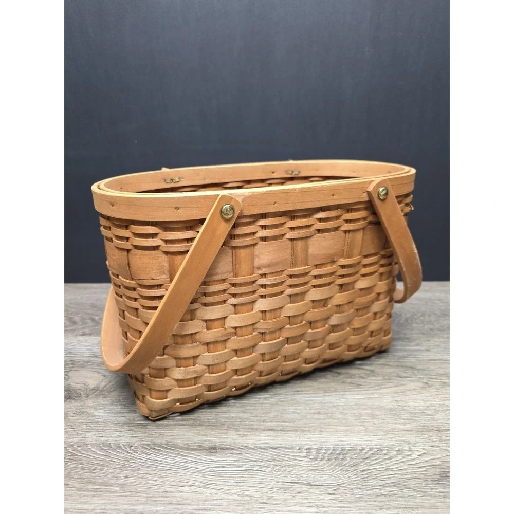 Vintage Double Handled Light Brown Wooden Basket 13.5x9x7 Rustic Home Decor